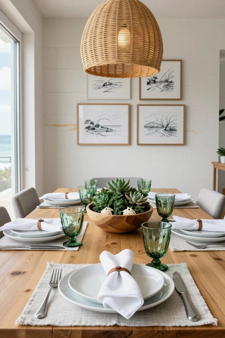 Dining table with wooden surface set for a meal, featuring a central wooden bowl of succulents, green textured glassware, white plates, linen napkins tied with leather bands, gray upholstered chairs, and a window showing ocean view.