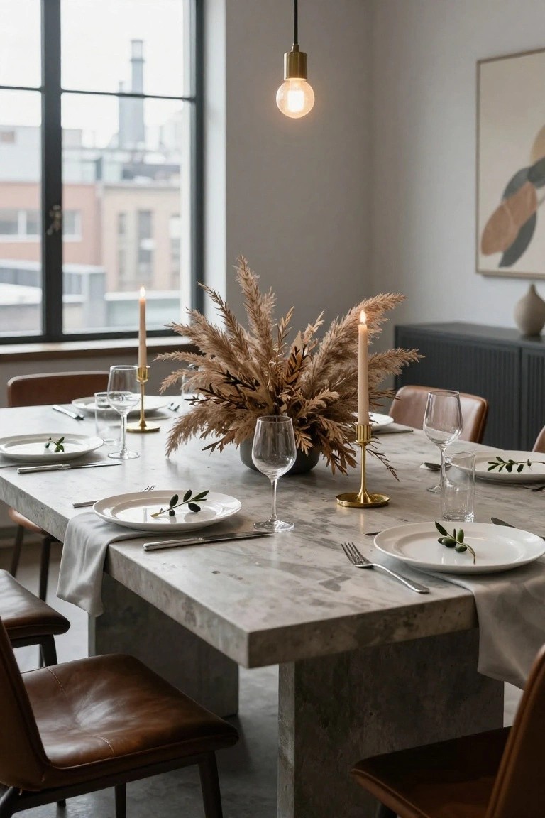 Modern dining room with a gray marble table set for a meal, featuring white plates with olives, a large bouquet of dried pampas grass, beige candles in gold holders, wine glasses, and brown leather chairs by a large window.
