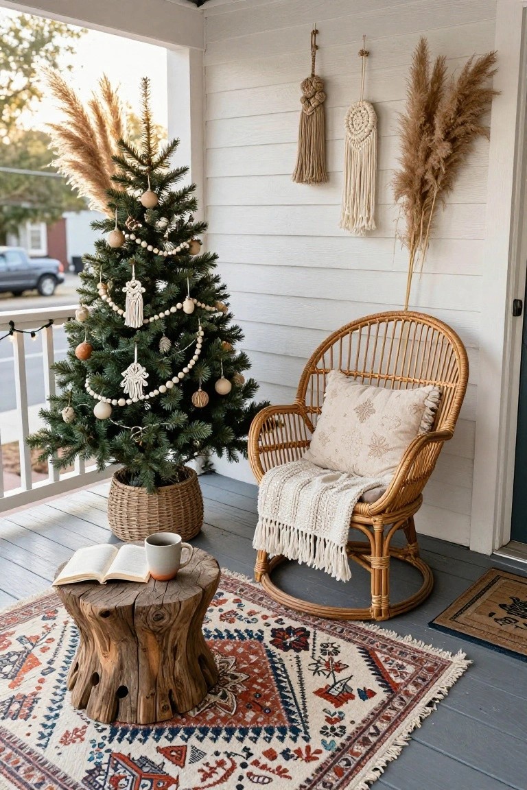 Small potted Christmas tree decorated with beige garlands, macrame, beads, and ornaments on a front porch next to rattan rocking chair with cushions and throw, stump side table holding open book and mug, pampas grass and macrame wall hangings on white shiplap siding, patterned rug on wood porch floor.