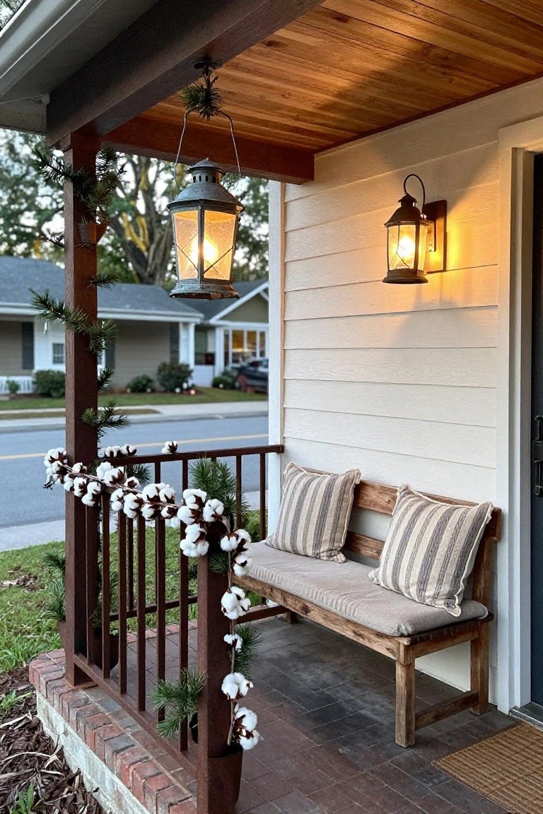 Front porch with wooden bench and striped cushions, black metal railing draped in garland of white cotton bolls and pine sprigs, hanging lantern from ceiling, wall sconce lit beside dark blue door, on white shiplap siding house.
