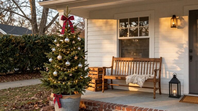 Small decorated Christmas tree in a galvanized bucket with red plaid ribbon bow stands on a front porch next to a wooden bench, lantern, crates, and doormat by brick steps.