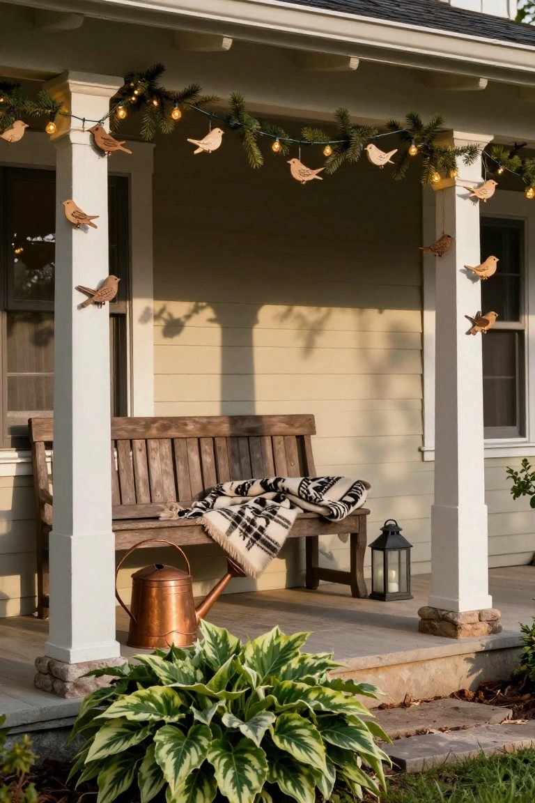 Front porch with white columns wrapped in evergreen garland strung with warm lights and wooden bird ornaments, wooden bench draped with plaid blanket, copper watering can, black lantern, and hosta plants in foreground.