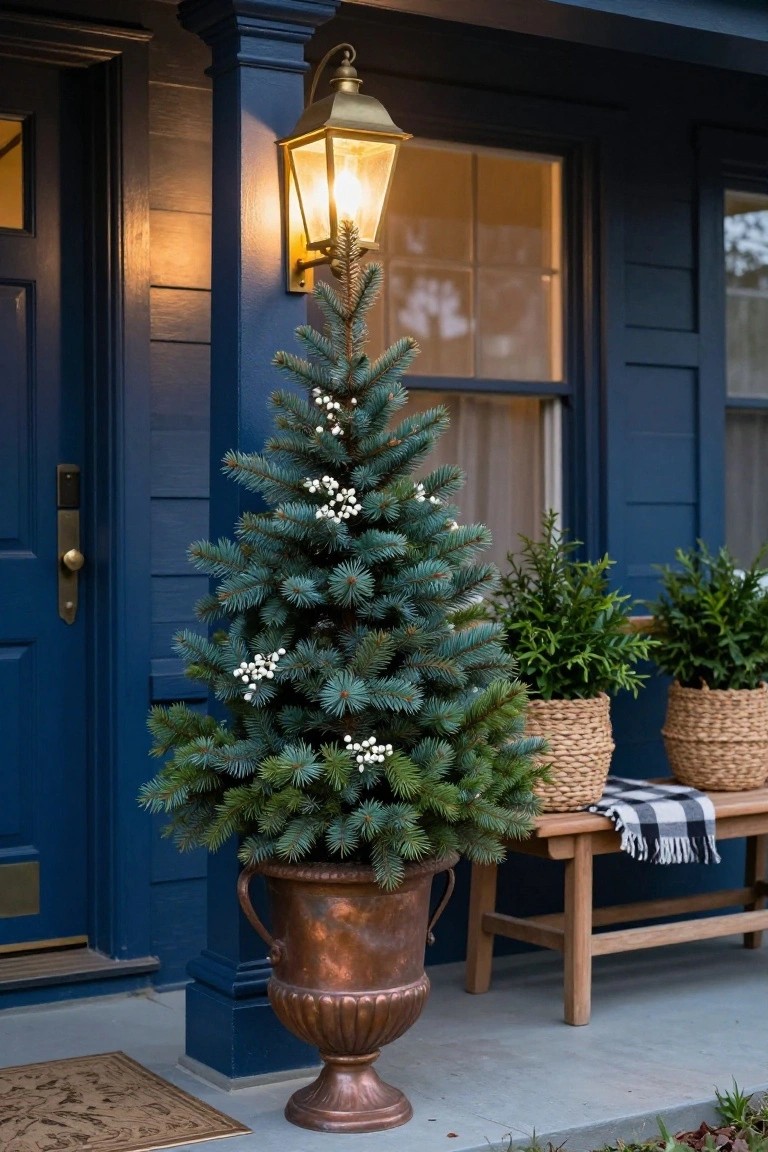Front porch featuring a navy blue door with brass knob and lantern light, a potted blue spruce Christmas tree decorated with white berries in a copper urn, two basketed green plants, and a wooden bench with black-and-white plaid blanket.