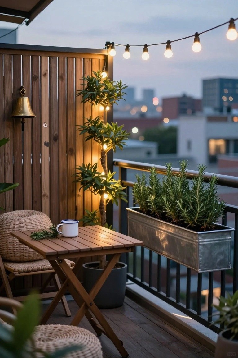 Balcony deck at dusk with wooden privacy fence strung with warm globe lights around potted plants including rosemary in a metal trough on the railing, small wooden table with rattan chairs and a mug, cityscape in background.