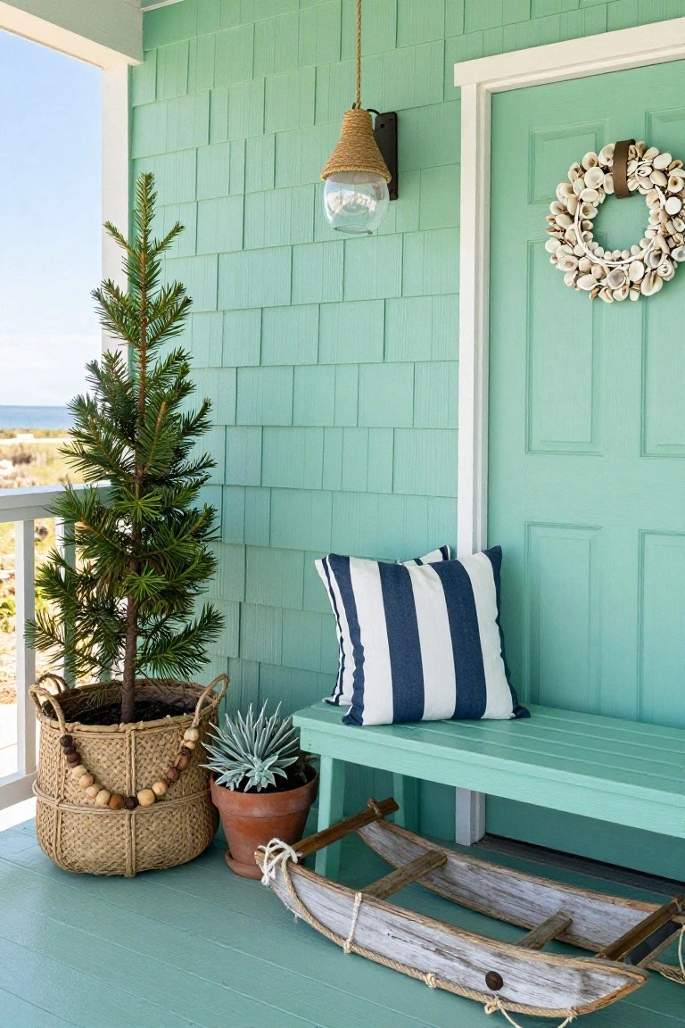Mint green porch with bench, pillow, potted tree, and seashell wreath.