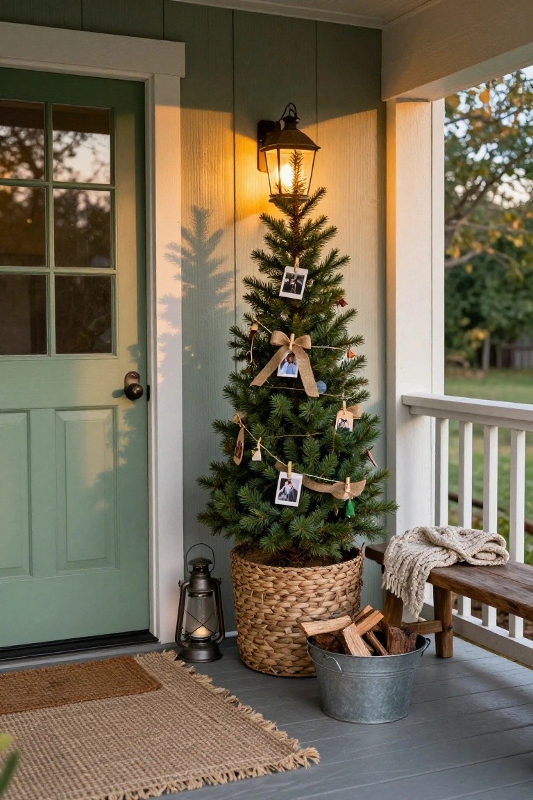 Rustic Christmas tree on porch with photos, lanterns, and firewood.
