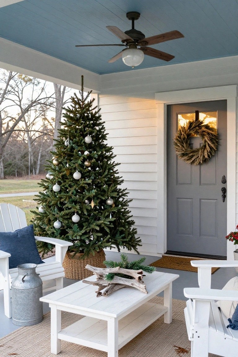 Front porch of a white house with blue ceiling featuring a tall decorated Christmas tree, two Adirondack chairs, a white coffee table with driftwood, a milk can, and a gray front door with wheat wreath.