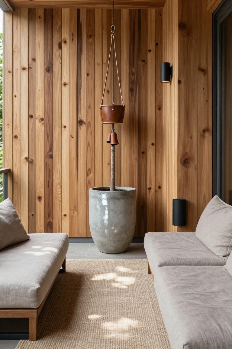 Modern wooden balcony with gray sofas, concrete planter, and hanging light.