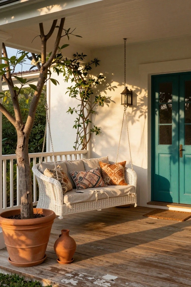 Front porch featuring a white wicker hanging swing with beige and patterned cushions, a large potted tree in terracotta pot beside it, turquoise double doors, climbing plants, and a hanging lantern.