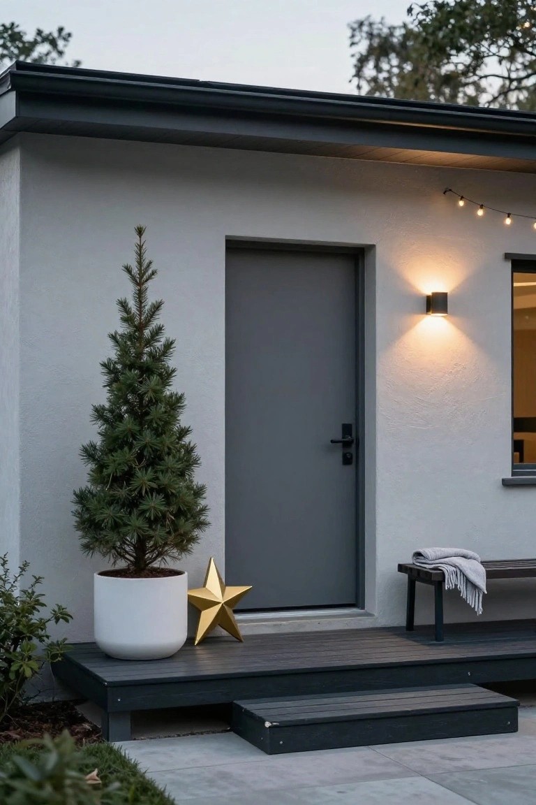 Slim potted Christmas tree in a white pot next to a dark gray front door on a light gray house exterior, with a gold star decoration, wooden bench holding a gray blanket, string lights overhead, and black wall sconce.