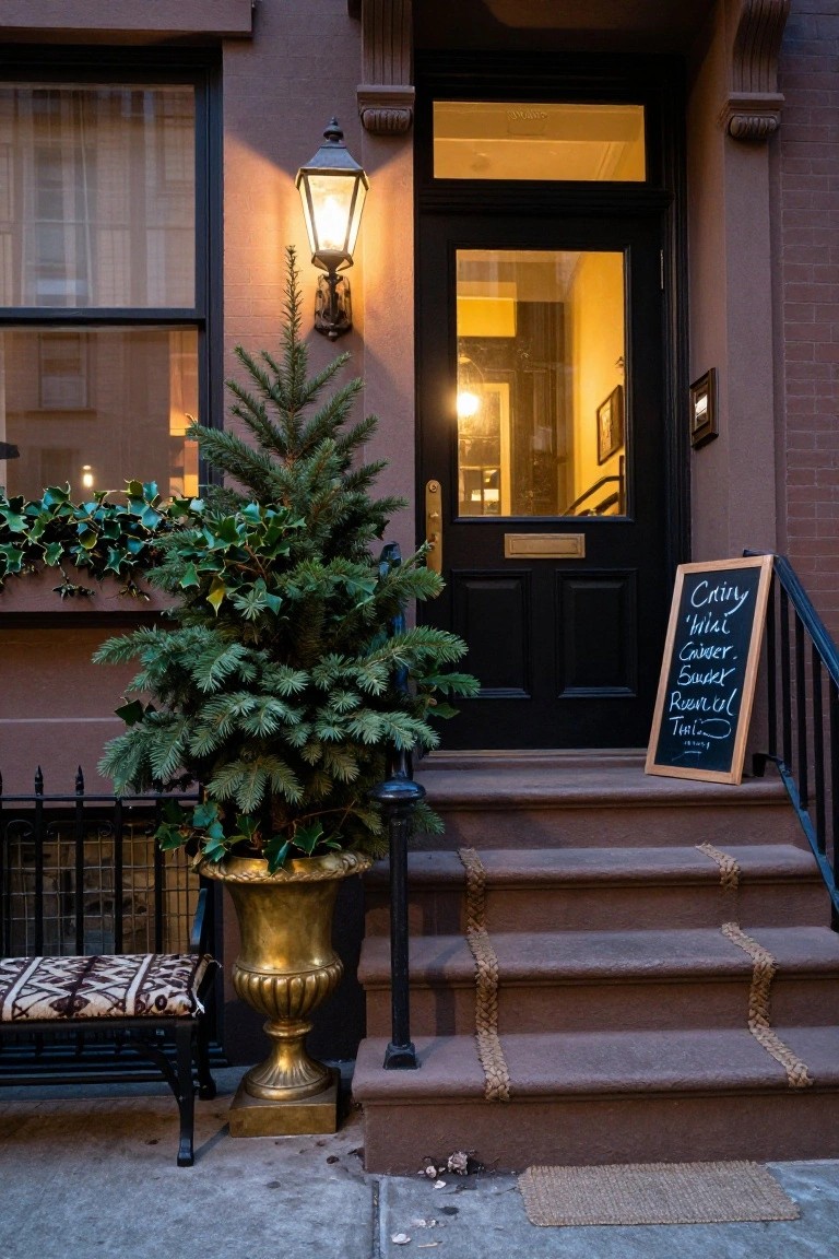 Brownstone townhouse facade at dusk with black front door, lit lantern, potted Christmas tree in gold urn beside steps, wooden bench on wrought iron base, chalkboard sign, and garland.