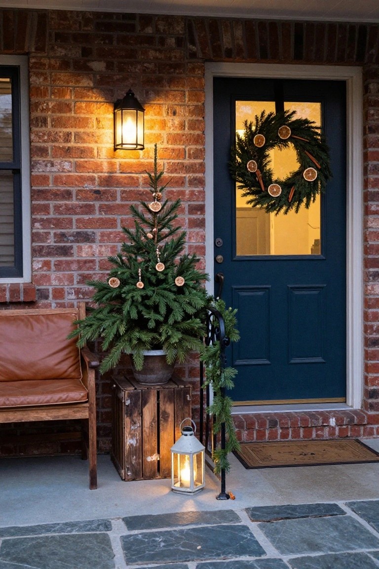 Brick front porch with dark blue double door hung with evergreen wreath, small potted Christmas tree decorated with orange slices and beads next to it, wooden bench, two lanterns, and garland on railing.