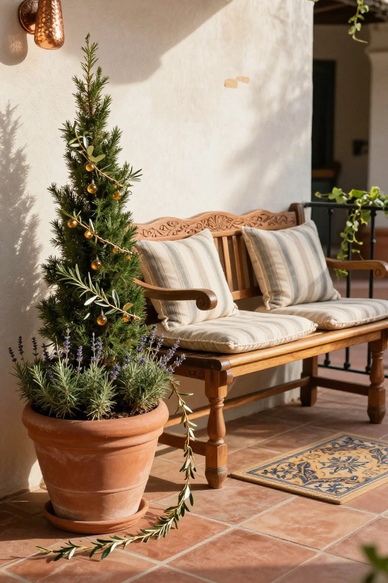 Small potted evergreen Christmas tree decorated with gold ornaments and olive branches next to carved wooden bench with striped cushions on terracotta-tiled porch with lavender and rosemary plants in terracotta pot.