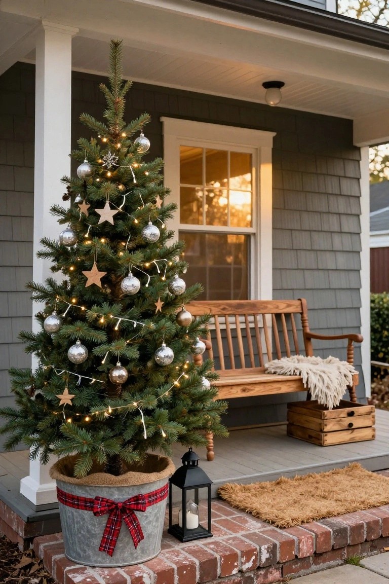 Small decorated Christmas tree in a galvanized bucket with red plaid ribbon bow stands on a front porch next to a wooden bench, lantern, crates, and doormat by brick steps.