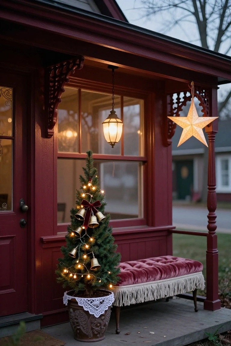 Small lit Christmas tree in terracotta pot with red ribbon and bells stands next to pink velvet bench on red porch with hanging lantern and paper star.