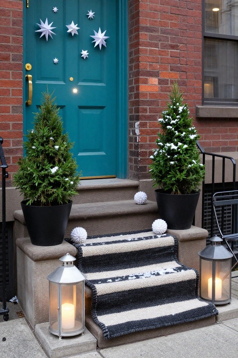Brick rowhouse front exterior with turquoise door decorated in white paper star cutouts, flanked by two snow-flocked potted evergreen trees in black pots at concrete steps covered in a black-and-white striped rug, metal lanterns on either side.