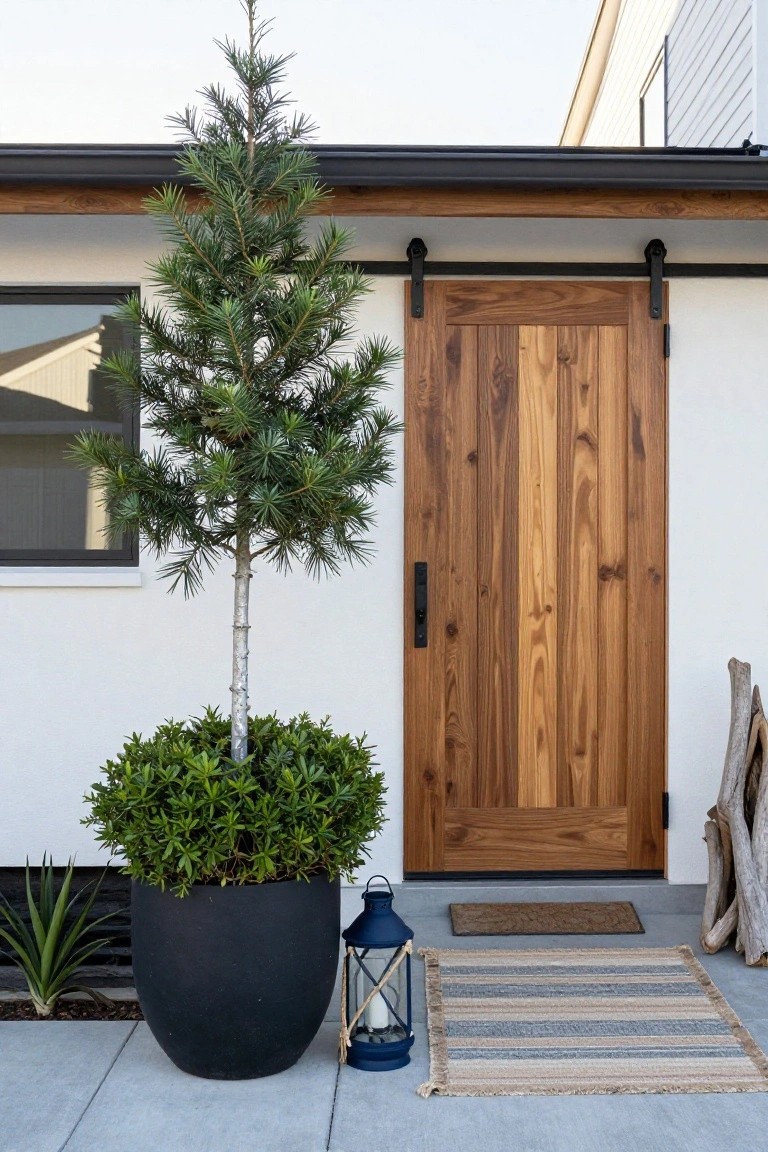 Front porch of a white stucco house with black-framed window, wooden sliding barn door on tracks, potted slender pine tree and boxwood bush in black pot, blue lantern, seagrass rug, doormat, agave plants, and driftwood on concrete slab.
