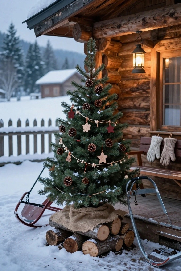 Small decorated Christmas tree on burlap-covered log stack on snowy front porch of log cabin house, with red sled, metal skis, bench holding wool mittens, hanging lantern, and pine trees in background.