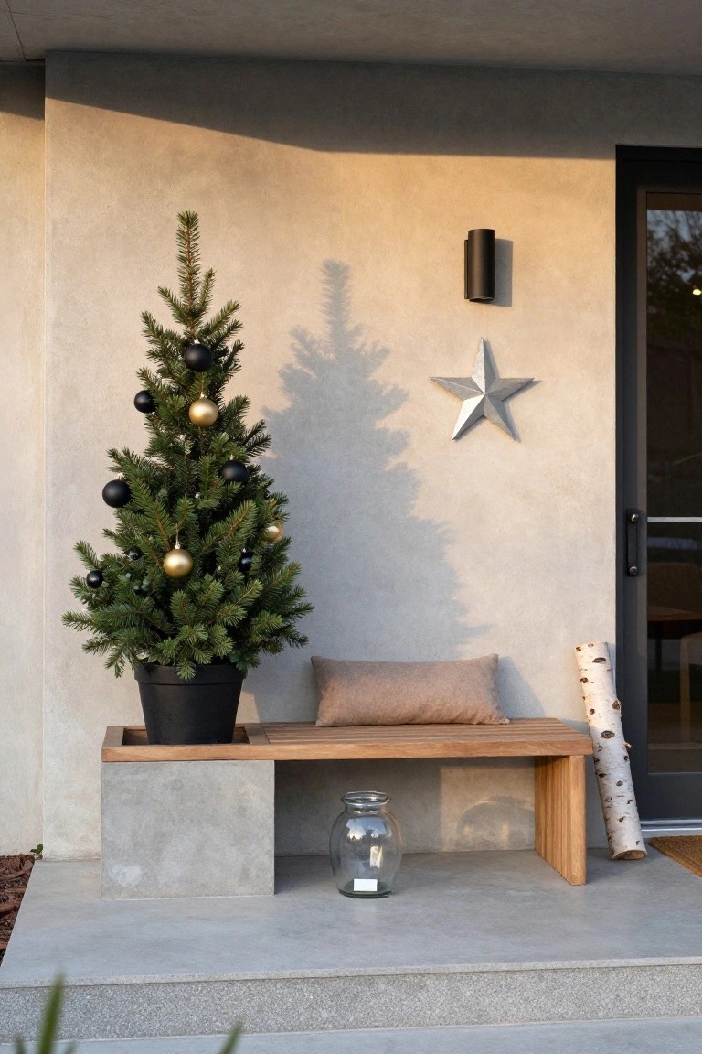 Small potted evergreen Christmas tree decorated with black and gold ornaments stands beside a wooden bench on a concrete front porch step, next to a beige stucco wall, black door, glass jar, and birch log.