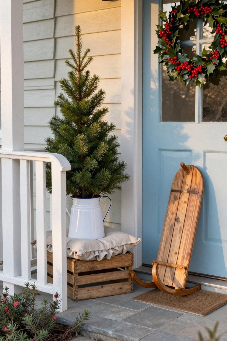 Front porch featuring a small potted Christmas tree next to a blue door with holly wreath, wooden sled, enamel watering can on a crate, railing, and low plants.