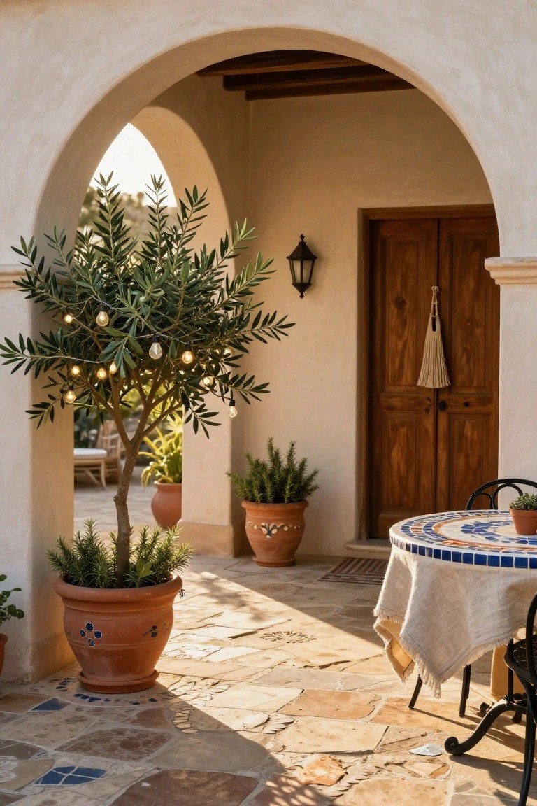 Arched stucco entryway with wooden double doors flanked by potted rosemary plants and a large potted olive tree strung with fairy lights, small round tiled table with chairs on a stone tile patio.