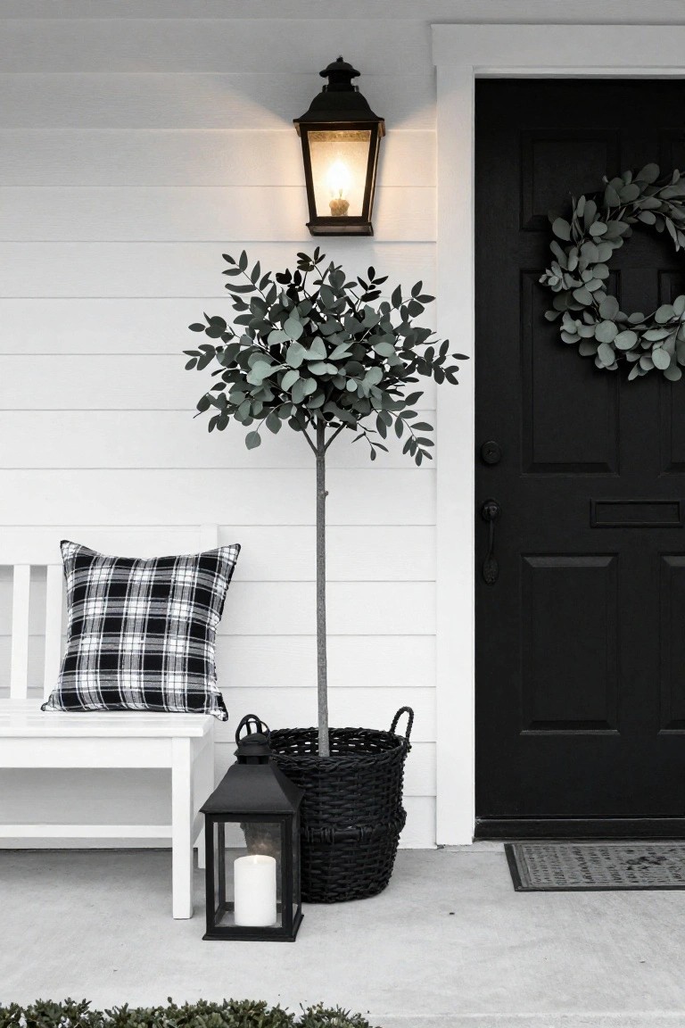 White shiplap porch wall with black front door and eucalyptus wreath, tall potted eucalyptus tree in black basket, white bench with black-and-white plaid pillow, black lanterns with candles, and lit wall lantern above door.