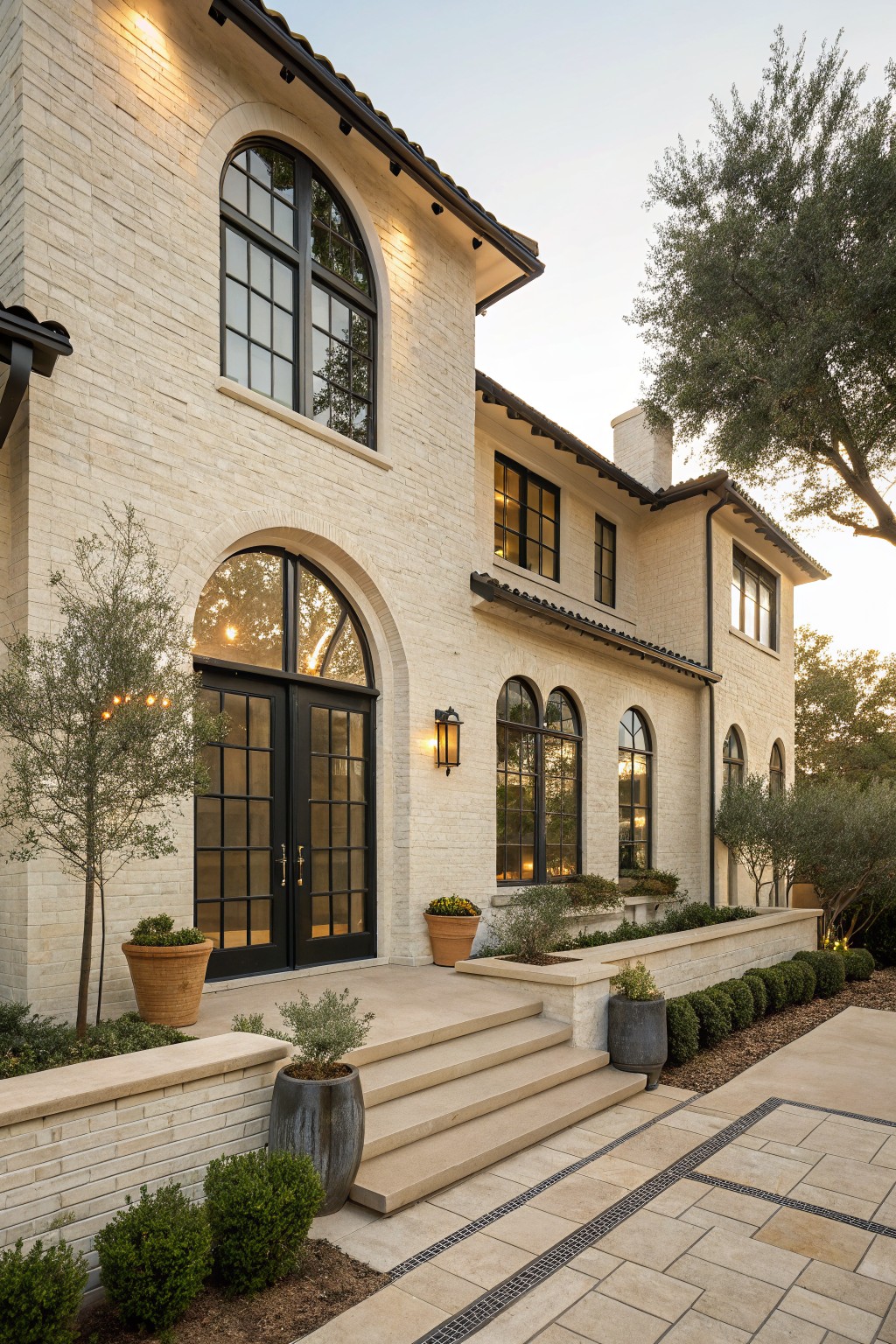 Side view of a light beige painted brick house with black metal-framed arched windows and double doors, flanked by olive trees in pots, boxwood shrubs, stone steps, and a tiled entry patio.