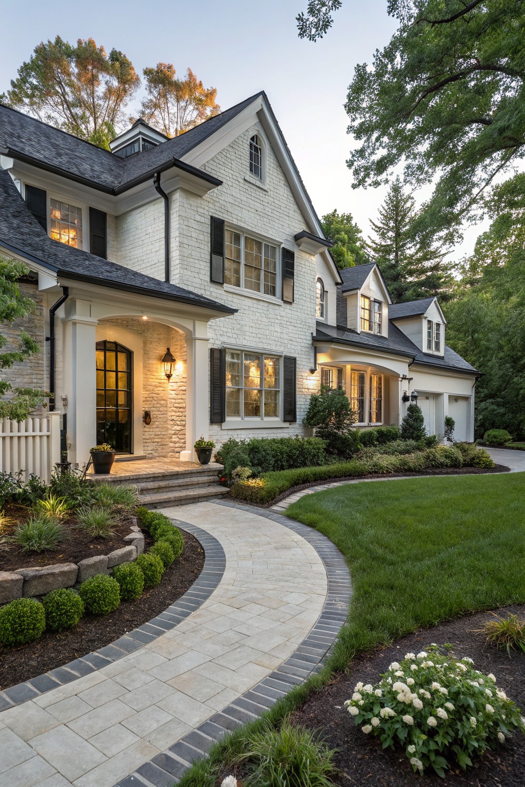 White painted brick house exterior featuring black shutters, black front door, dark roof shingles, arched entry porch, curved stone pathway, and surrounding landscaping with boxwoods and grass.