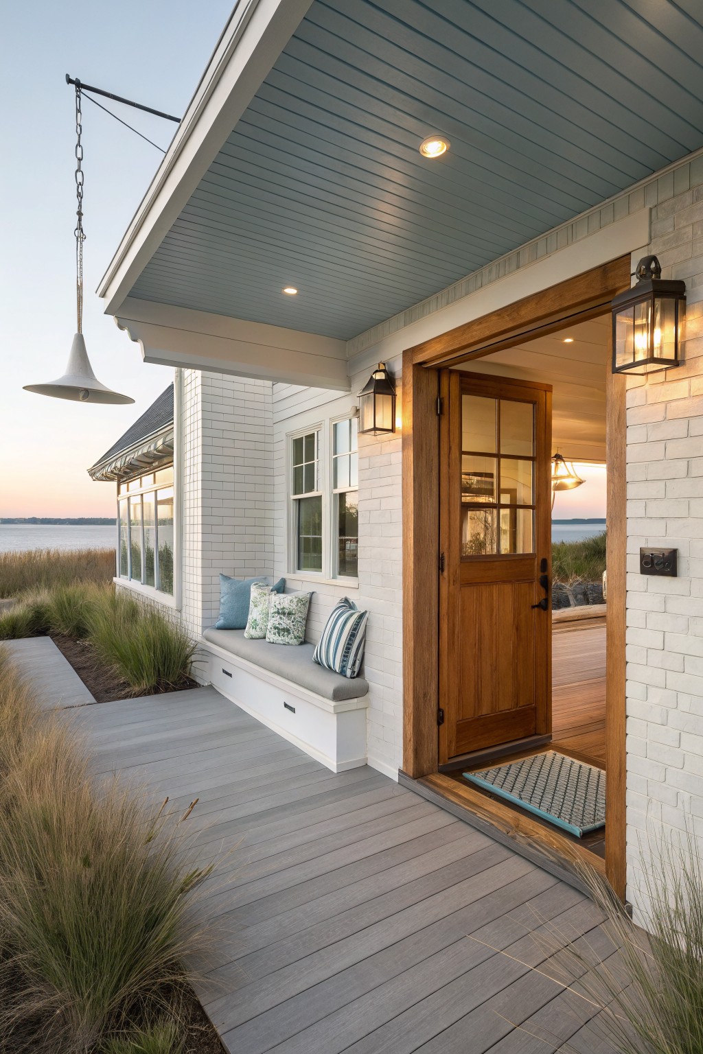 White painted brick house entryway under blue shiplap porch ceiling, with open wooden door, wall lanterns, built-in bench with cushions, gray pathway edged by tall grasses, and distant water view.