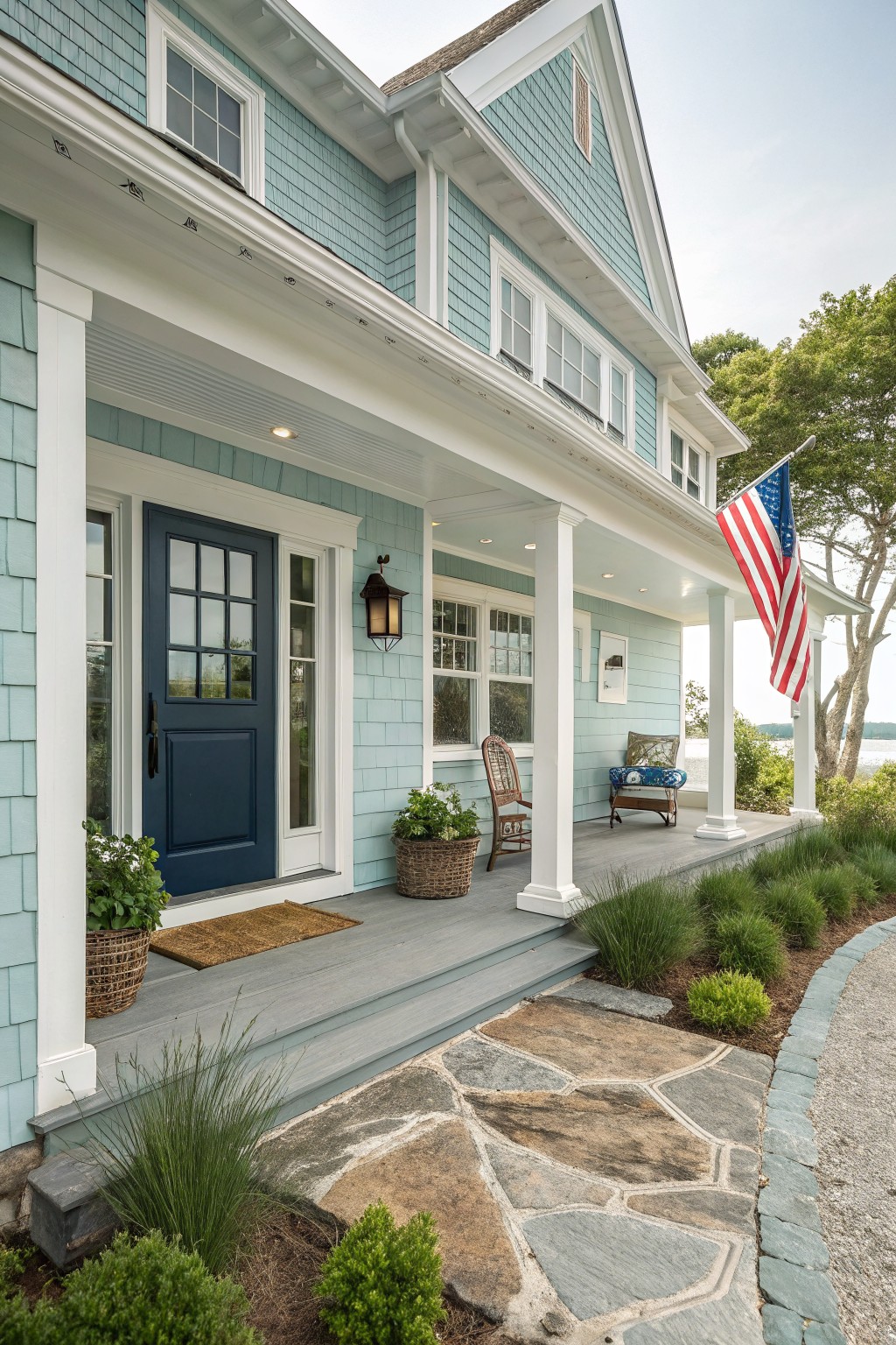 Front view of a two-story light blue shingle-sided house with white trim, porch columns, navy blue front door, wicker chairs on the porch, potted plants, American flag, and stone pathway with low landscaping.