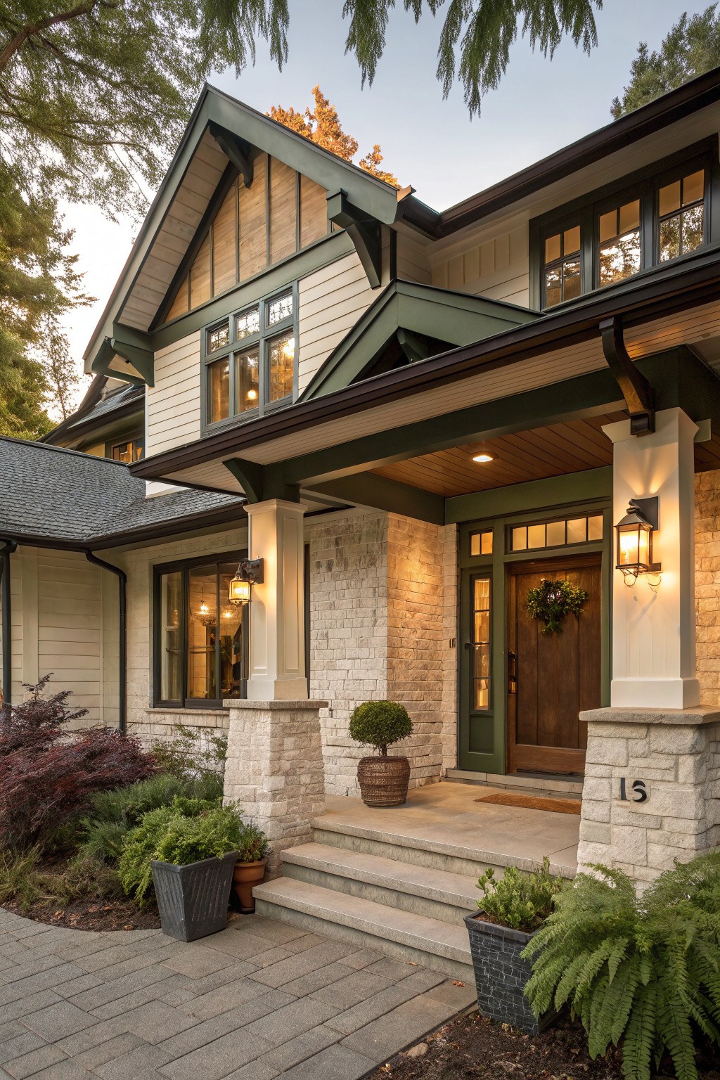 Front view of a two-story house exterior featuring light painted brick pillars and base, cream horizontal siding, dark green trim on gables and porch roofline, a dark wood front door with wreath, lanterns, potted plants, and a stone pathway.