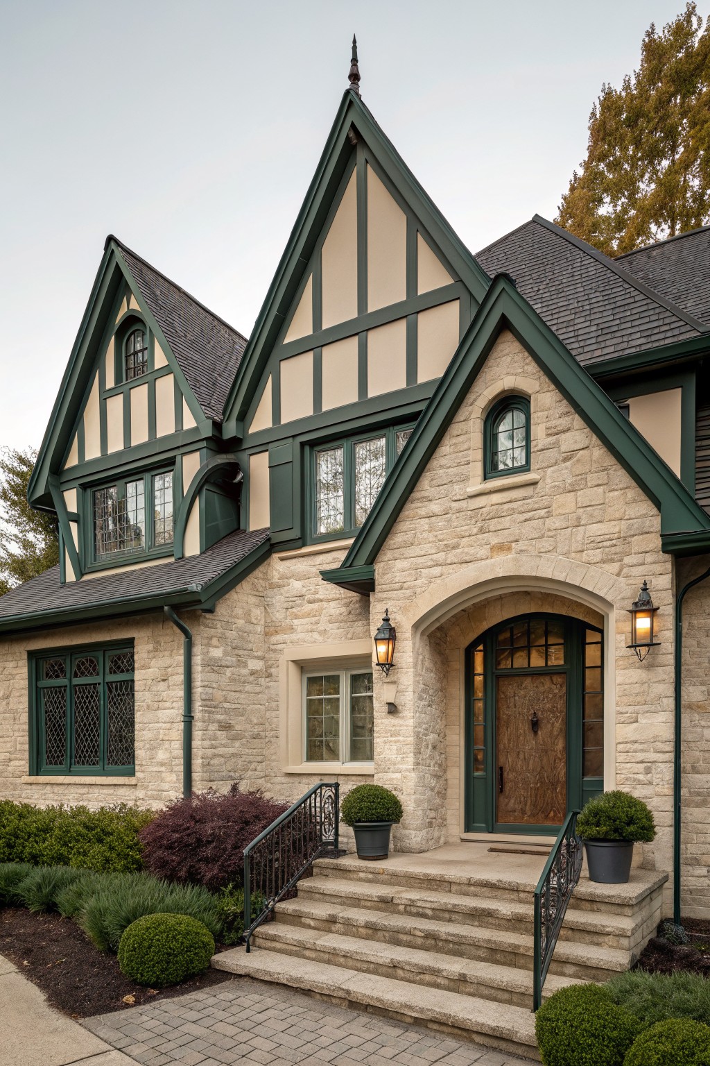 Front view of a two-story Tudor-style house with light beige stone facade, dark green painted trim on half-timbering, windows, and arched entry door, dark slate roof, stone steps with black metal railing, and low evergreen shrubs in the landscaping.