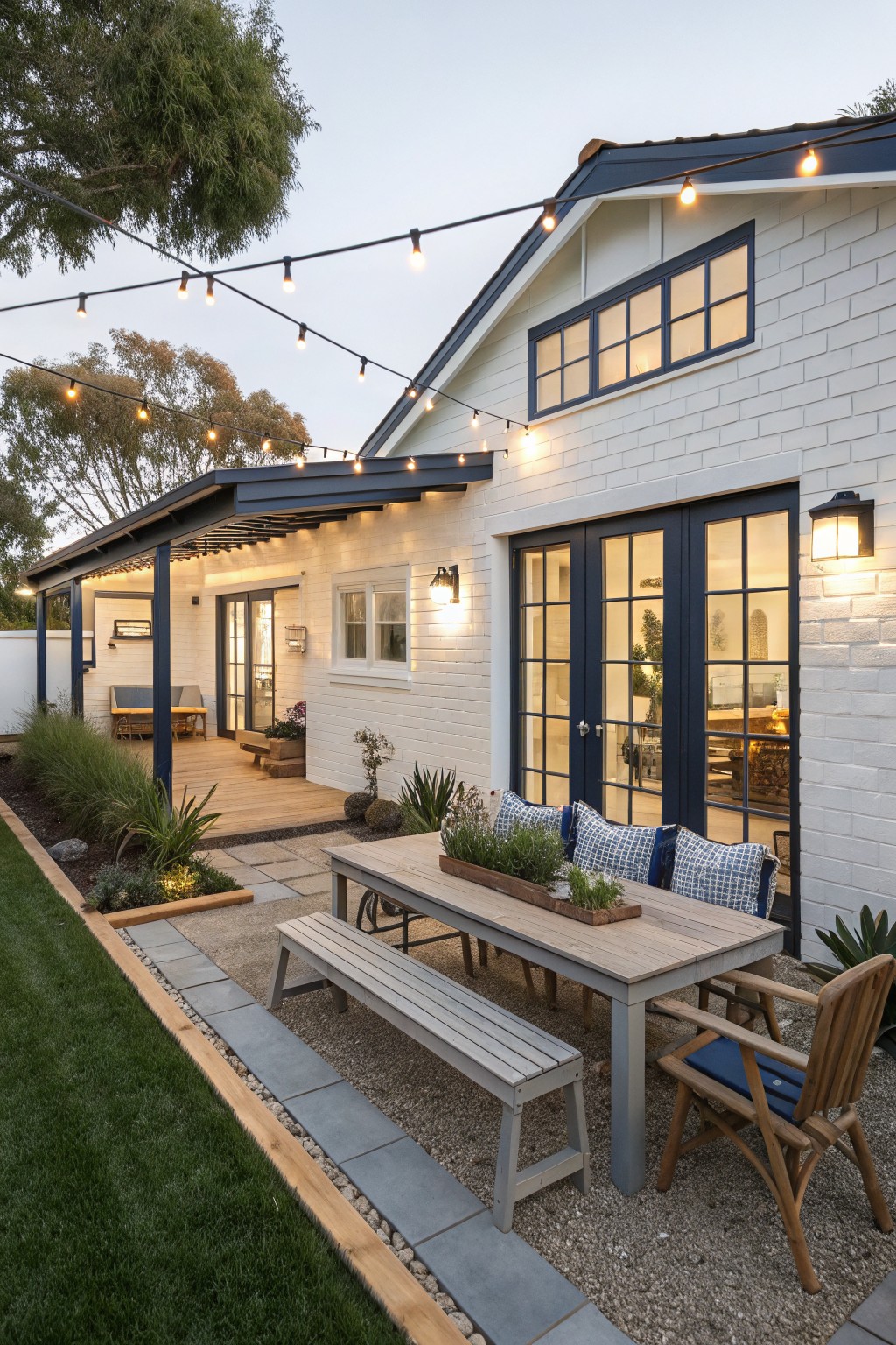 Side exterior of a white painted brick house with dark navy trim on windows, doors, and roofline, including a covered porch opening to a wooden dining table and benches in a gravel patio edged by lawn and plants.