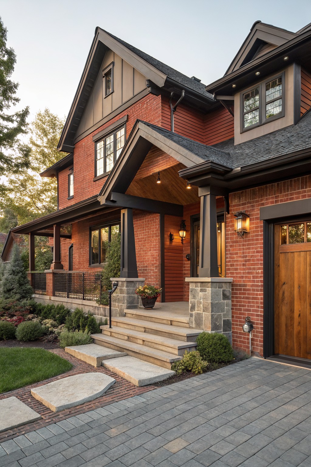 Red brick two-story house with dark trim on windows, covered front porch supported by dark posts and stone pillars, wooden garage door, steps to entry, and low landscaping along the driveway.