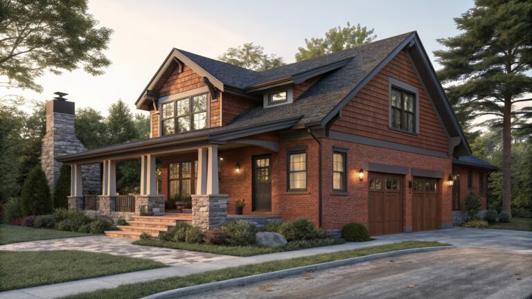 Red brick two-story house with dark trim on windows, covered front porch supported by dark posts and stone pillars, wooden garage door, steps to entry, and low landscaping along the driveway.