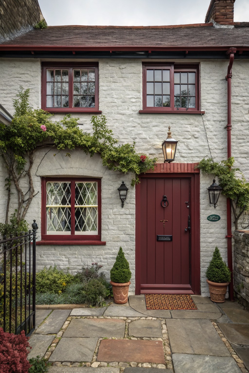 White painted brick cottage house exterior with red window frames, red front door, climbing green vines and pink roses, black lanterns, potted plants, black iron gate, and stone slab pathway.
