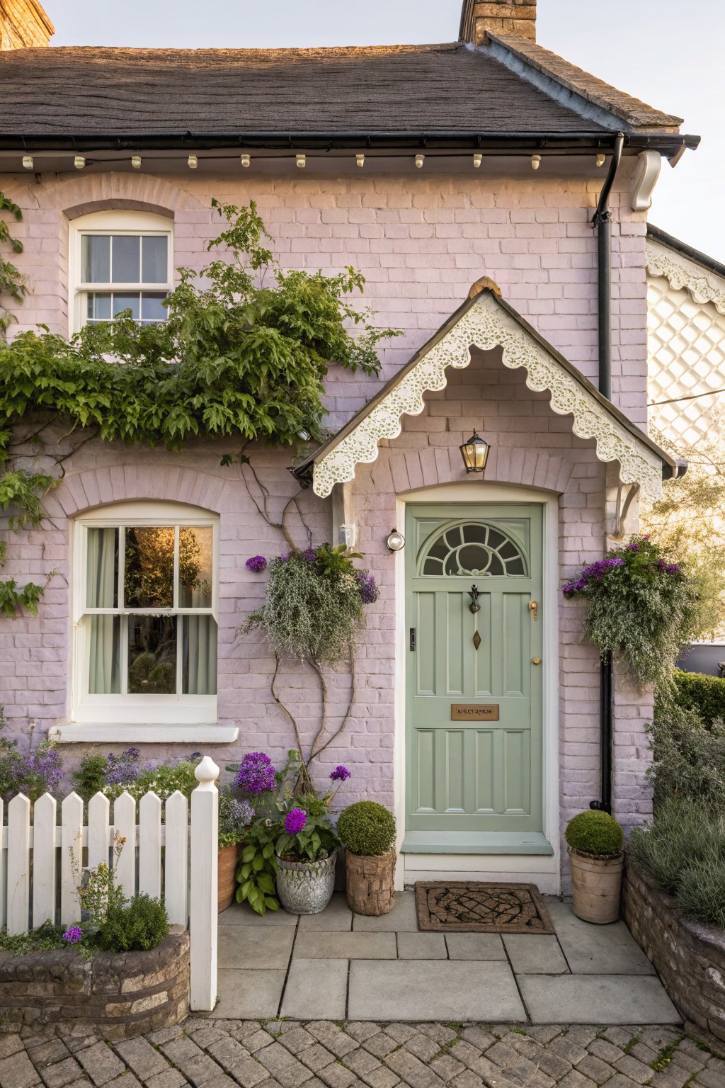Pale pink painted brick house exterior with sage green arched front door, white sash windows, white porch trim, climbing ivy, hanging plants, potted flowers, white picket fence, and lantern light.