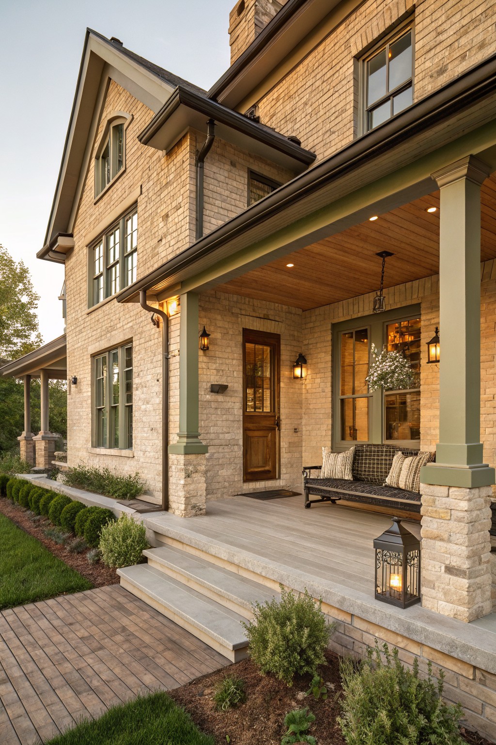 Side view of a two-story light beige brick house with sage green trim on porch columns and window frames, wooden entry door, porch swing, lanterns, and low landscaping along a brick path.