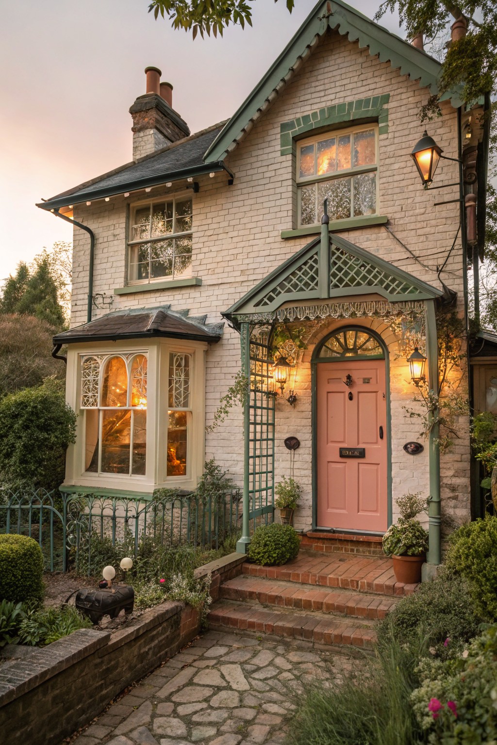 Painted brick house exterior with sage green trim on windows, porch, and bay window frames, pink front door, lanterns, and garden plantings along a stone path at dusk.