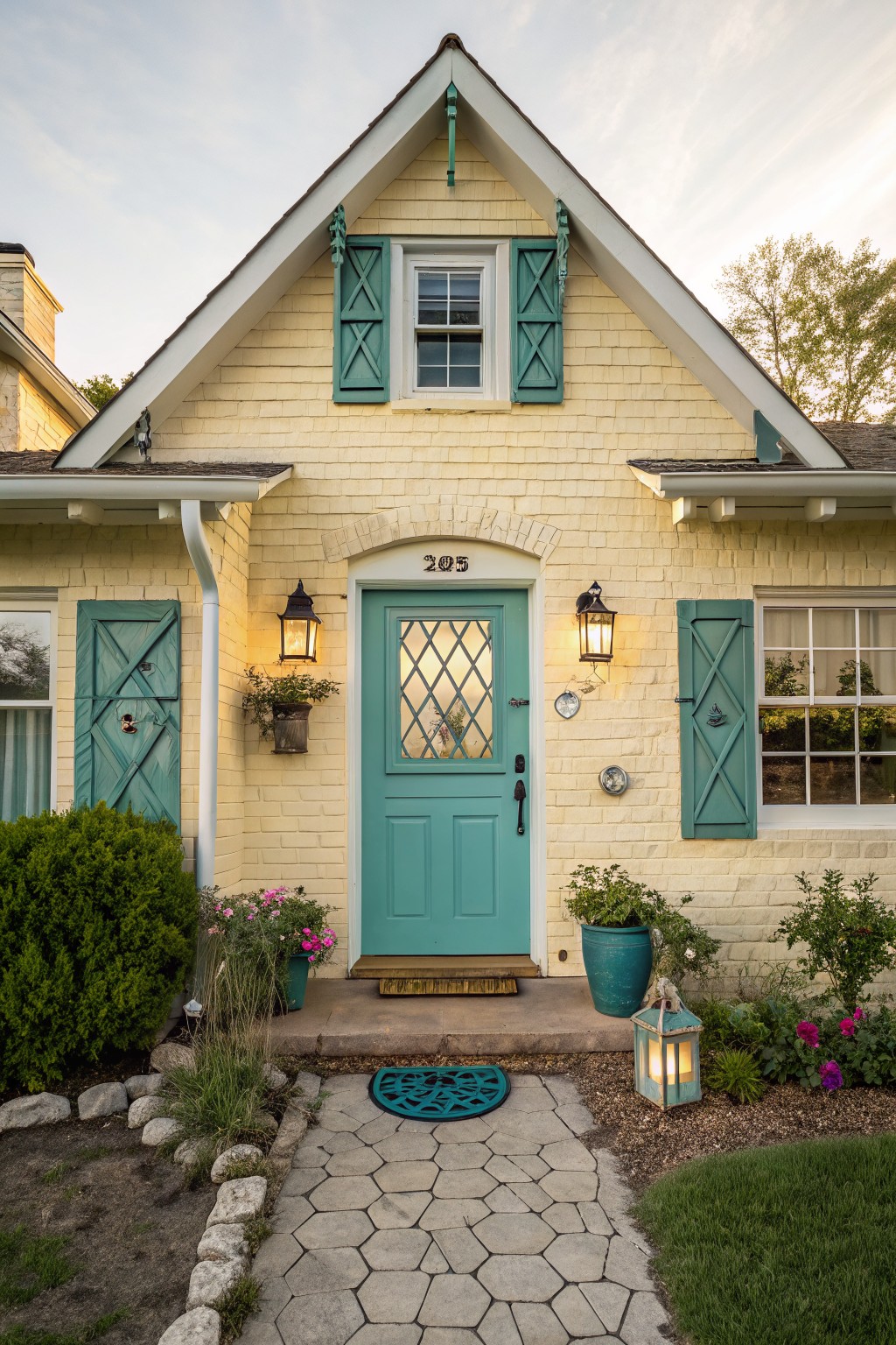 Light yellow painted brick house exterior with teal front door, teal shutters on flanking windows, lanterns beside the door, and a gray hexagonal paver pathway leading from the street.