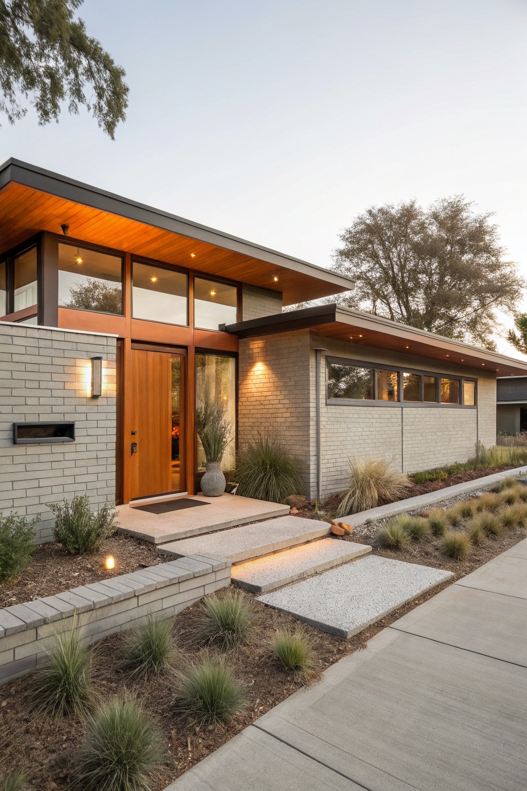 Modern single-story house exterior featuring light gray brick walls, a wooden front door, large clerestory windows, wood soffits under a low roofline, and sparse drought-tolerant landscaping along the entry path.