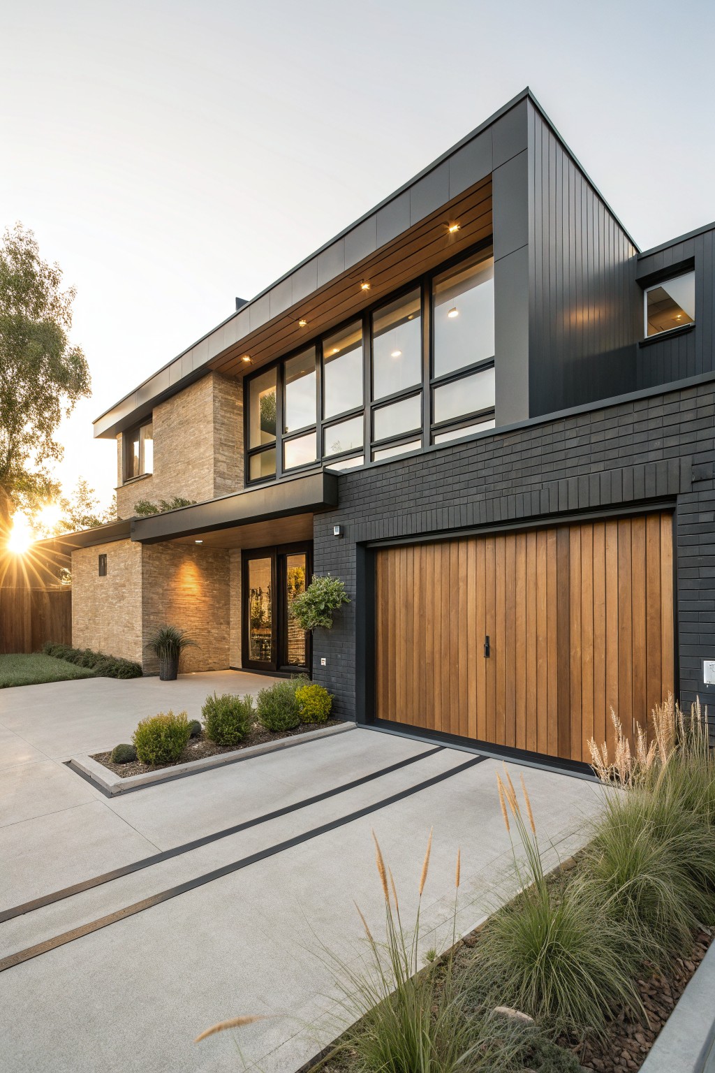 Modern house exterior with light beige brick walls, dark brick garage section, wooden plank garage door, black metal cladding, large glass windows, concrete driveway, and ornamental grasses at sunset.