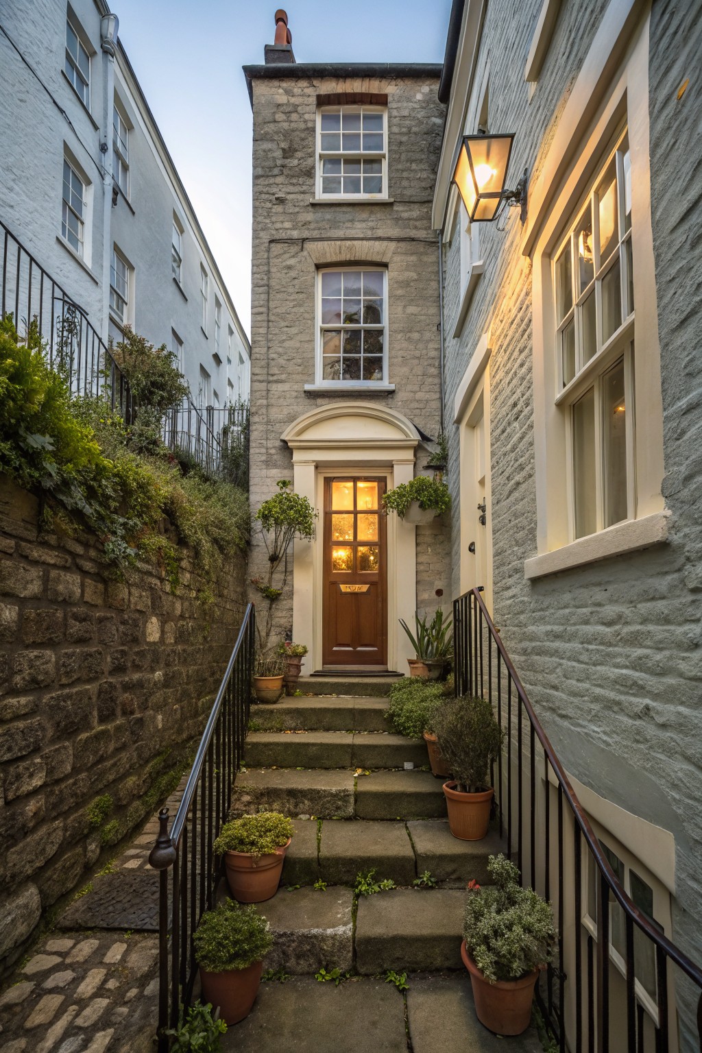 Narrow urban alleyway with stone steps and black railing leading to a lit wooden door on a three-story stone house, flanked by white and pale green brick walls with potted plants along the steps.