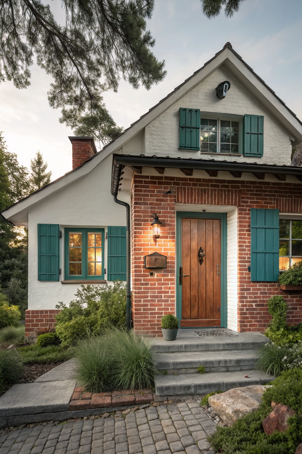 Front exterior of a house with white stucco upper walls, red brick base and entryway, green shutters on windows, wooden door with knocker, brick lantern lights, steps to entrance, potted plant, and surrounding garden with grasses, shrubs, and cobblestone path.