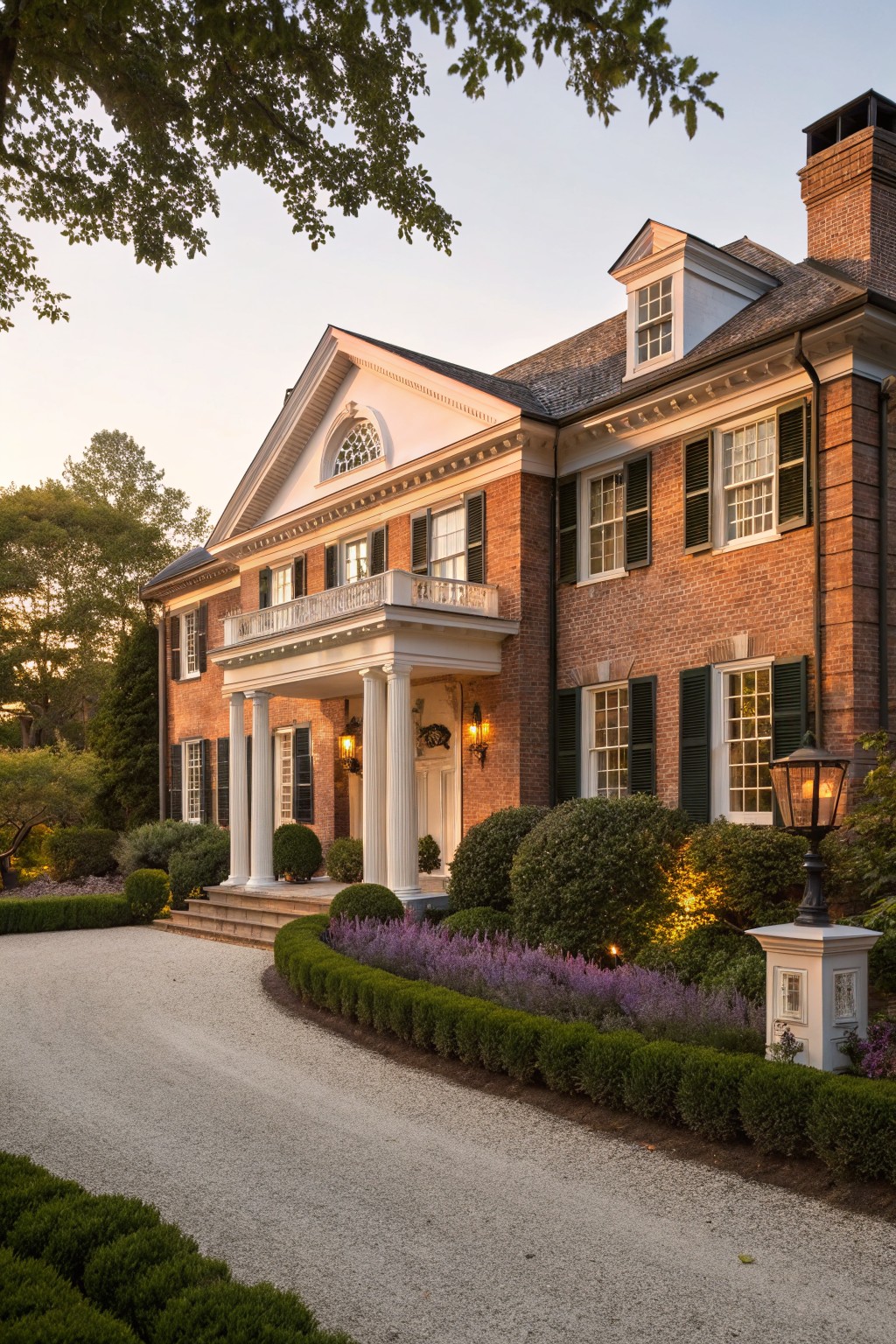A two-story red brick house with white trim, classical columns supporting a front portico, black shutters, and manicured boxwood hedges along a gravel driveway at dusk.