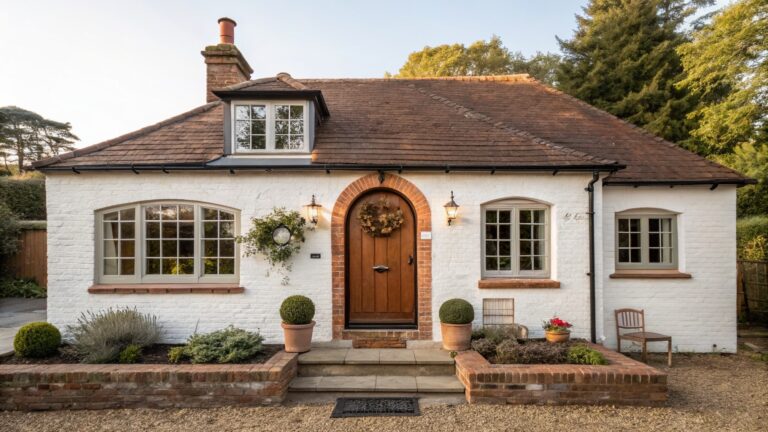 White brick house exterior with red tile roof and chimney, arched red brick entry with wooden door and wreath, flanked by lanterns and potted topiary trees, brick steps, and garden plantings along a paved path.