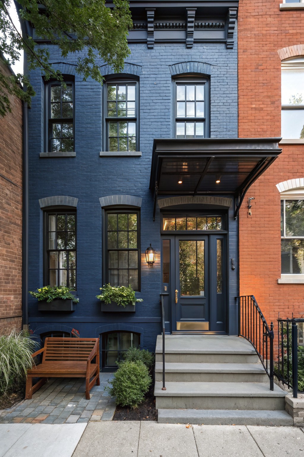 Navy blue painted brick rowhouse facade with black-framed windows, a glass entry door under a metal awning, window box planters, wooden bench, and steps, adjacent to a red brick house on a city sidewalk.