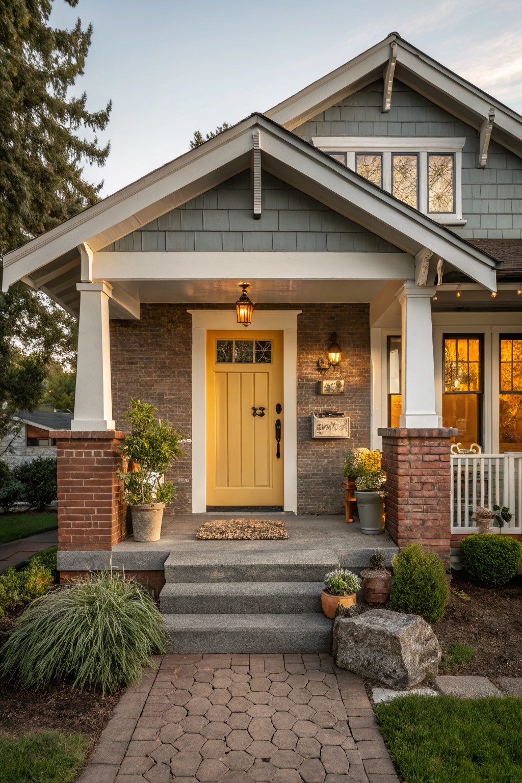 Craftsman-style house with gray shingle siding, red brick pillars supporting the porch, yellow front door, potted plants, and steps leading to a brick path at dusk.
