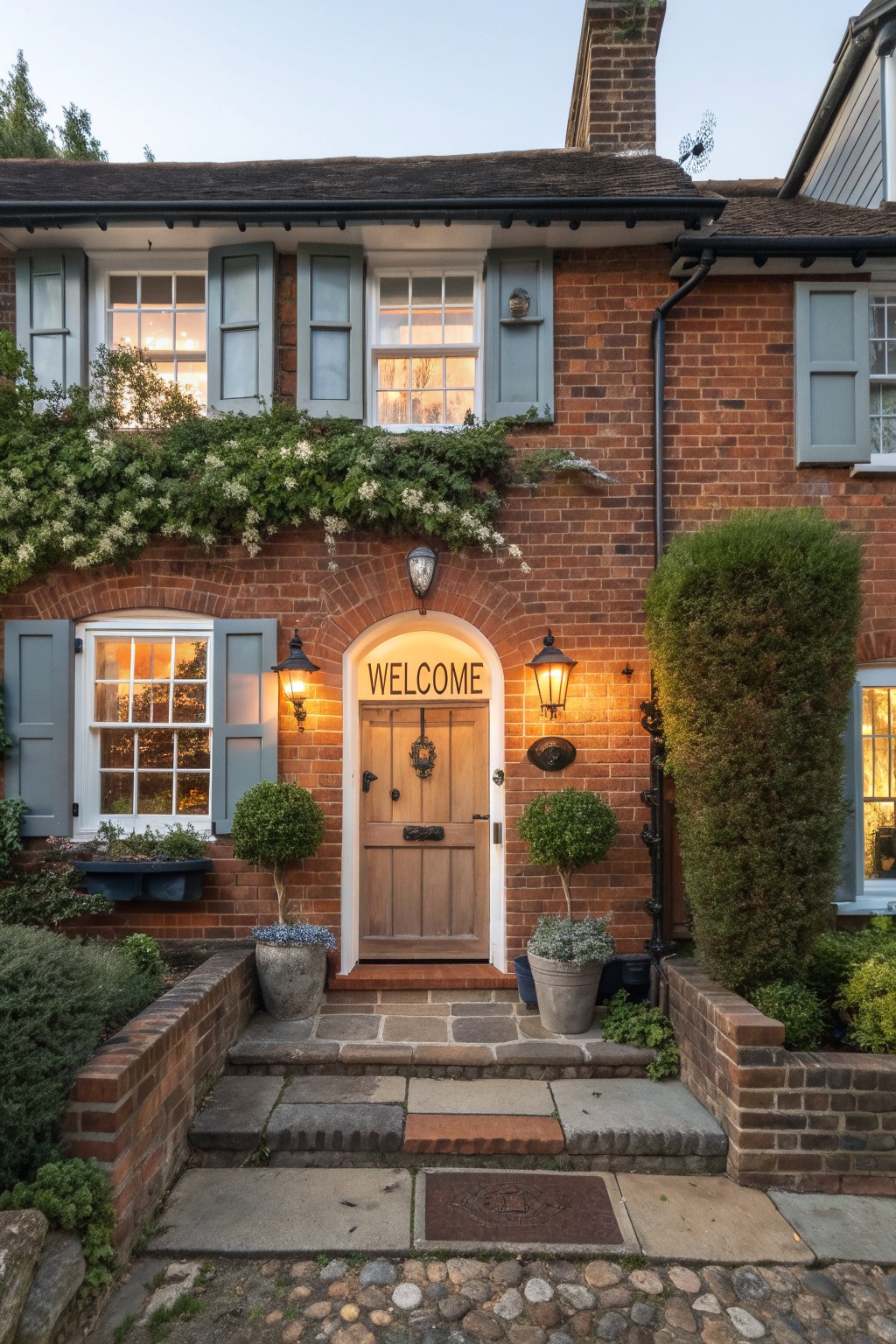 Red brick two-story house exterior with pale blue shutters on white-framed windows, arched wooden front door with 