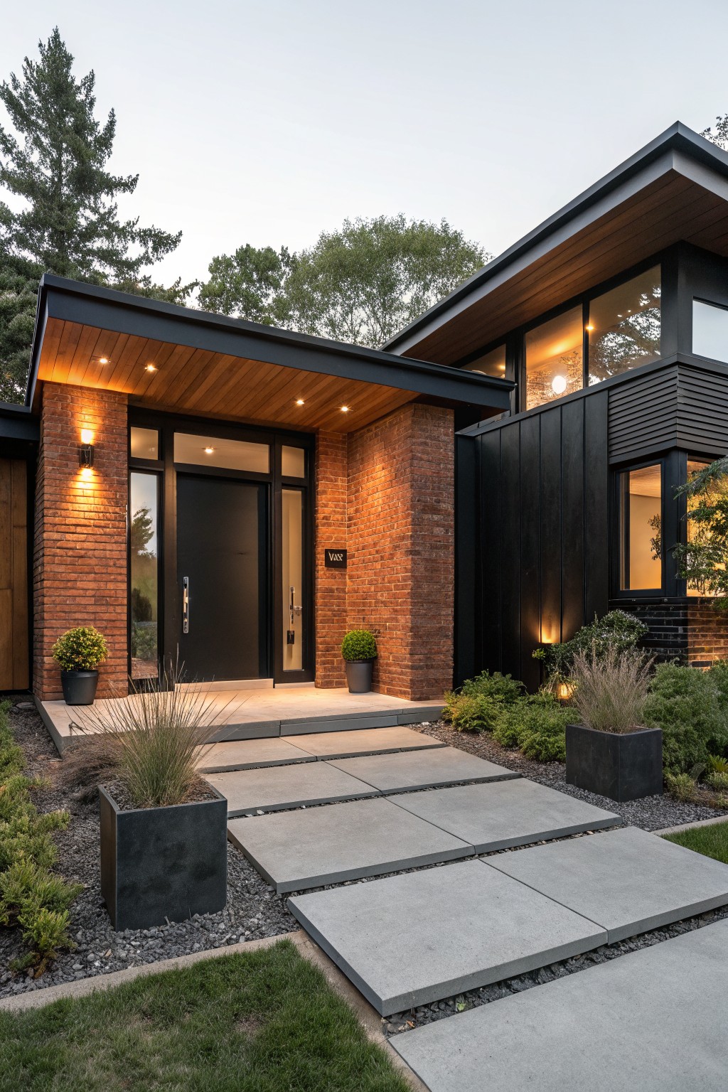 Contemporary house exterior with red brick entry facade, black metal cladding on upper and side walls, cantilevered wood entry canopy with recessed lights, black front door with glass sidelights, concrete paver pathway, and low ornamental grasses in black pots.